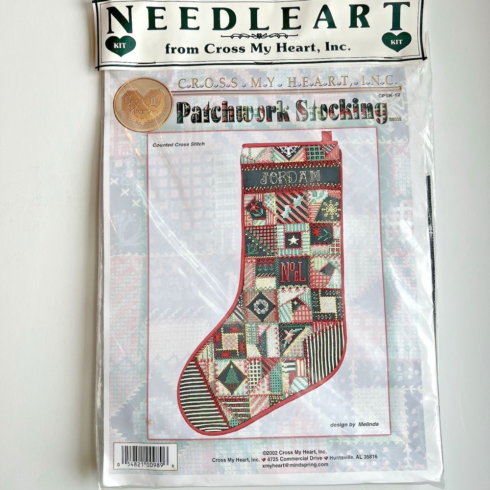 Cross My Heart Patchwork Stocking Cross Stitch Kit Black Aida Pinks Aqua CPSK-12